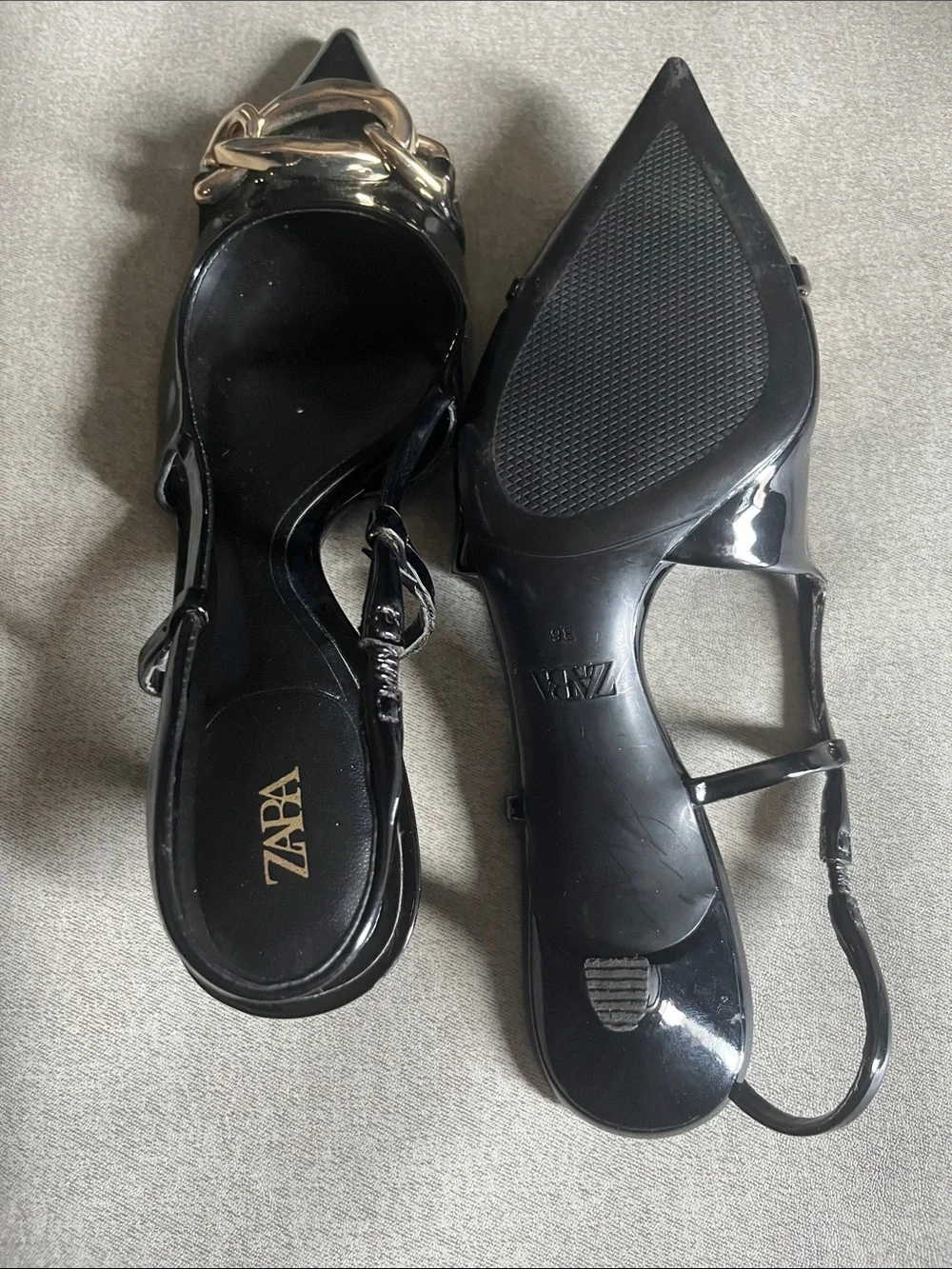 Zara Black Patent Pointed Slingback Flats with Gold Chain Accent
